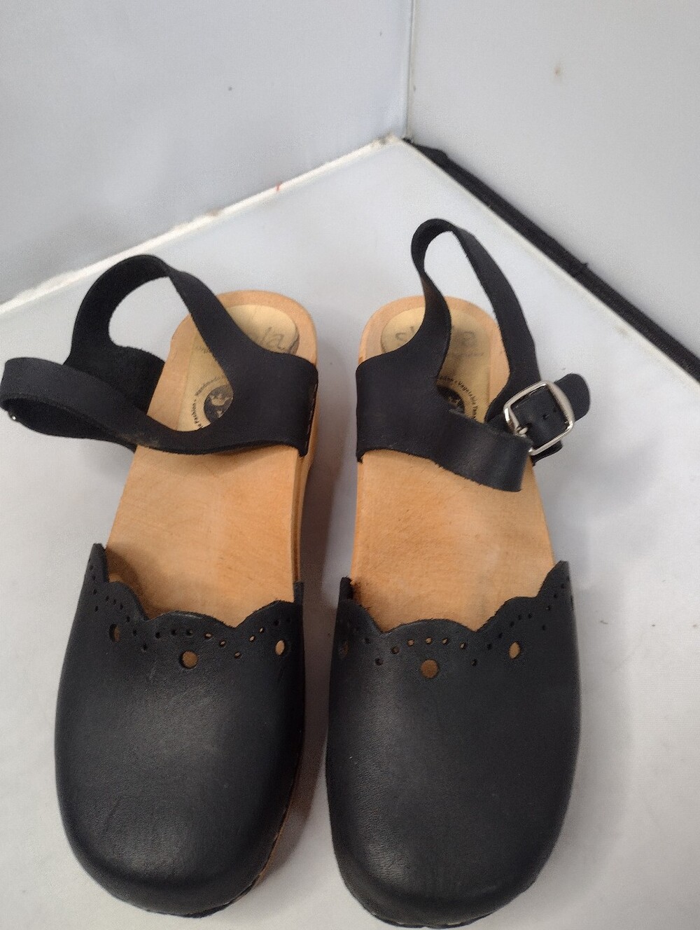 Skola Womens Clogs Size 40 Black Leather Wooden Chunky Heel Mary Jane A12